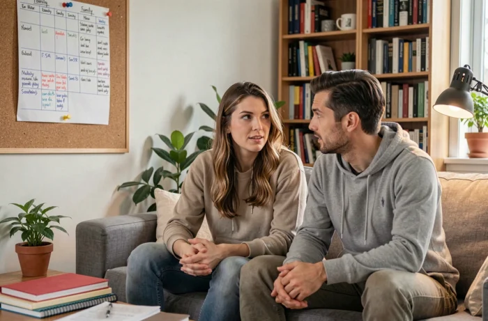 Couple de parents planifiant l'organisation familiale devant un tableau de planning à la maison