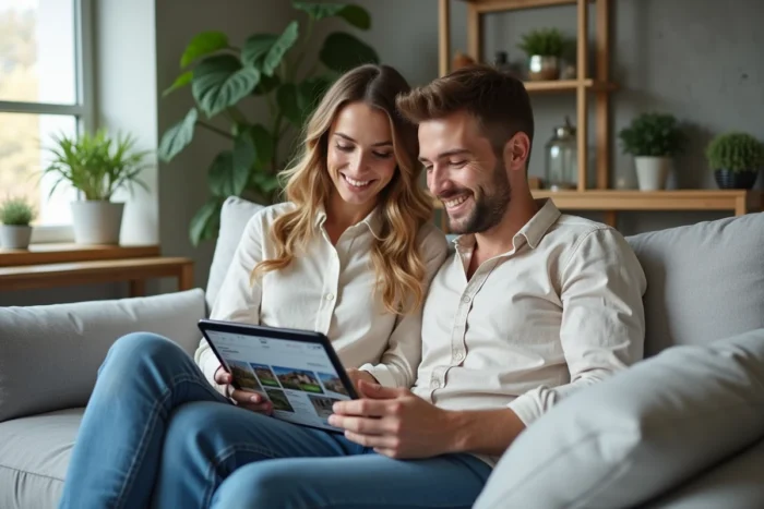 Couple recherchant et comparant des agences immobilières en ligne sur une tablette dans leur salon