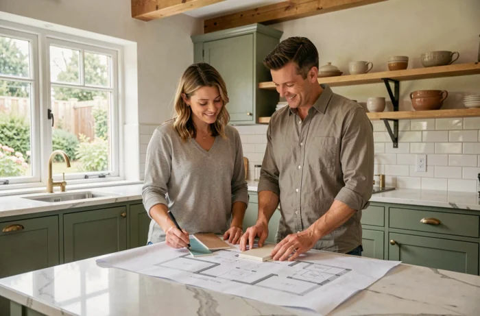 Couple planifiant la rénovation de leur cuisine moderne avec échantillons de matériaux et plan architectural