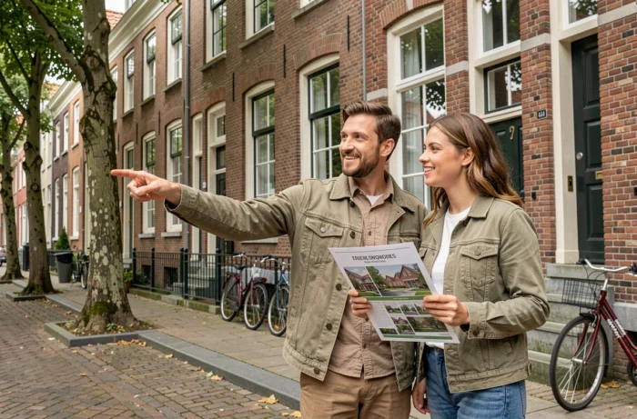 Couple visitant une maison en briques belge typique à Bruxelles avec une annonce immobilière en main