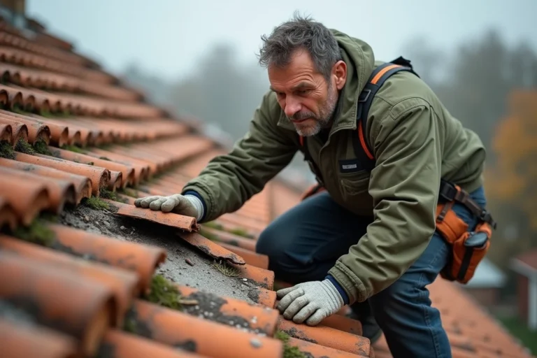 Couvreur inspectant des tuiles poreuses et dégradées sur un toit en pente d'une maison résidentielle