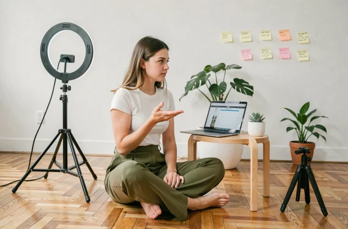 Créatrice de contenu planifiant sa stratégie Instagram avec un ordinateur portable et des notes dans un appartement minimaliste