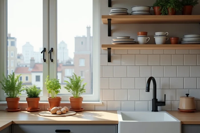 Cuisine urbaine rénovée au style scandinave avec étagères en chêne clair, robinetterie noire mate et herbes aromatiques sur le rebord de fenêtre