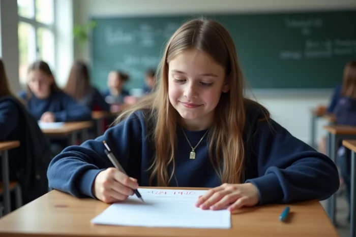 Élève de collège regardant sa copie notée 14 sur 20 avec une expression satisfaite en classe