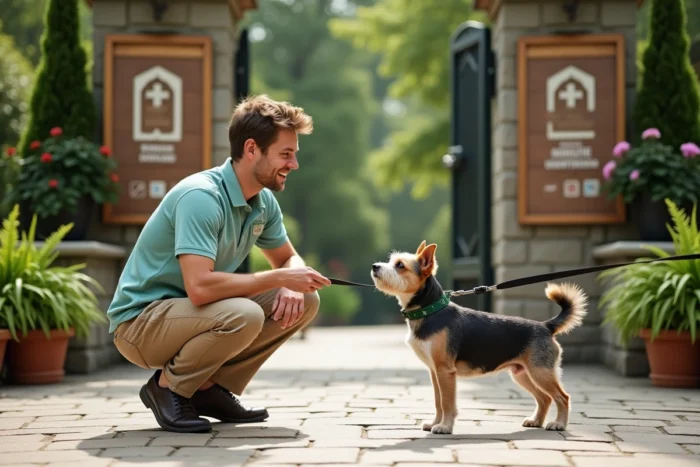 Employé d'un parc botanique accueillant un visiteur et son petit chien à l'entrée du site
