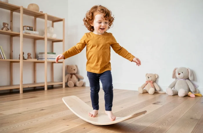 Jeune fille équilibre sur une planche Wobbel en bois dans une salle de jeux scandinave lumineuse