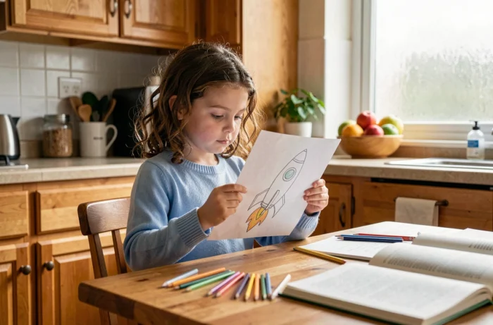Petite fille dessinant une fusée à la table de la cuisine, illustrant les rêves d'avenir et la créativité enfantine