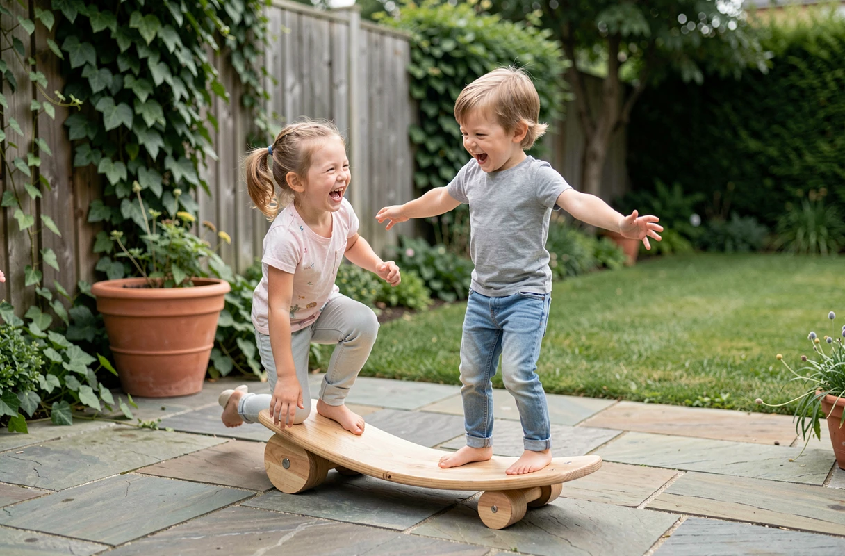 Deux enfants jouant ensemble sur une planche Wobbel en bois dans un jardin familial verdoyant