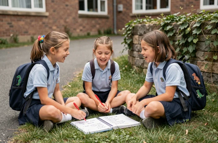 Groupe d'enfants d'école primaire discutant de leurs projets d'avenir dans la cour de récréation avec un cahier ouvert