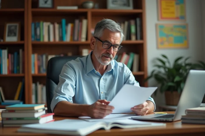 Enseignant expérimenté consultant sa liste de promotion hors classe dans son bureau scolaire