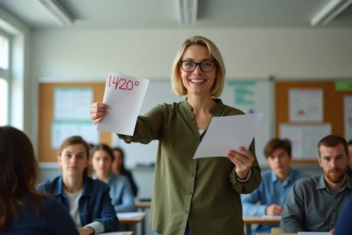 Enseignante expliquant une note de 14 sur 20 à ses élèves dans une salle de classe de lycée