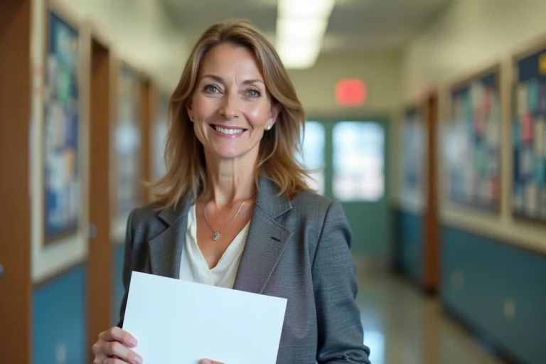 Enseignante promue hors classe tenant son certificat officiel dans un couloir d'école