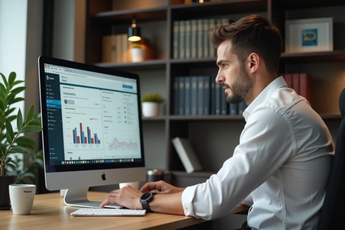 Entrepreneur travaillant sur un ordinateur dans un bureau privé minimaliste, symbolisant l'optimisation des services professionnels pour développer son activité en 2024