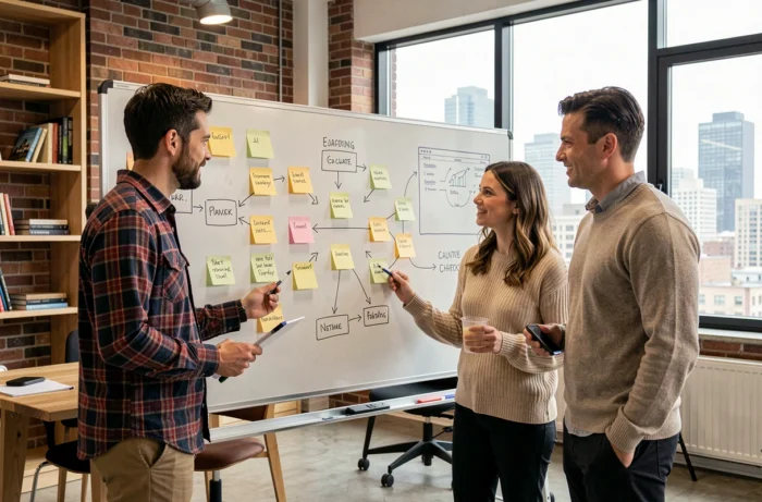Équipe marketing en séance de brainstorming autour d'un tableau blanc dans un espace de travail collaboratif moderne