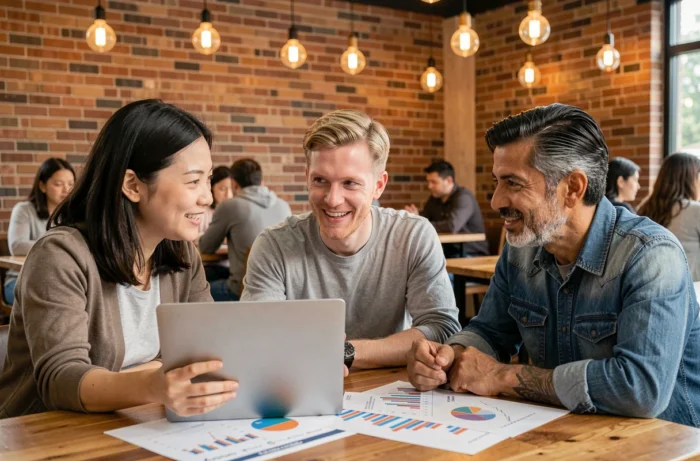 Équipe multiculturelle de professionnels discutant de données économiques mondiales autour d'un ordinateur portable dans un espace de coworking moderne