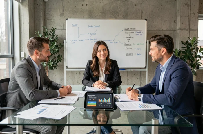 Équipe de professionnels collaborant sur une stratégie de gestion financière autour d'une table de réunion moderne