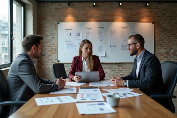 Équipe de professionnels en réunion stratégique autour d'une table de conférence avec documents et ordinateurs portables, représentant la collaboration pour booster une entreprise