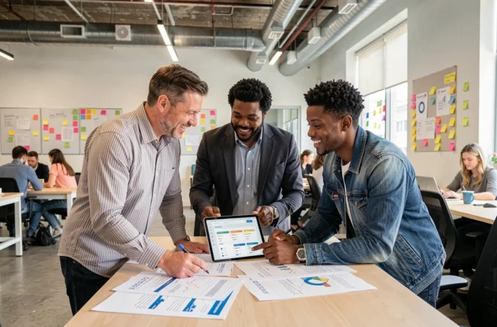 Équipe de professionnels collaborant sur une stratégie de référencement et de visibilité web dans un espace de coworking