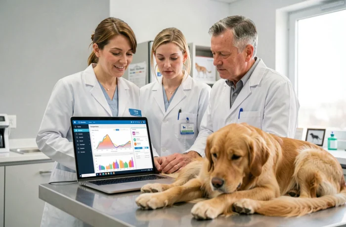 Deux vétérinaires consultant ensemble un logiciel de gestion vétérinaire avec un chien sur la table d'examen