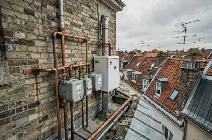 Équipements de chauffage au gaz en toiture d'un immeuble résidentiel bruxellois