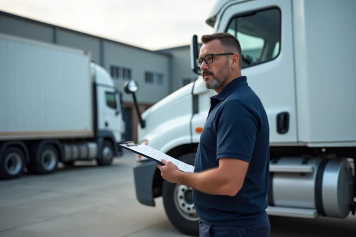 Responsable de flotte analysant le coût d'un camion dans un parc logistique industriel