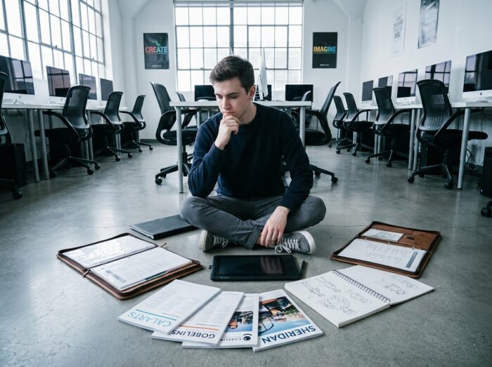 Étudiant en animation assis entouré de portfolios et catalogues de formations artistiques dans un studio d'école