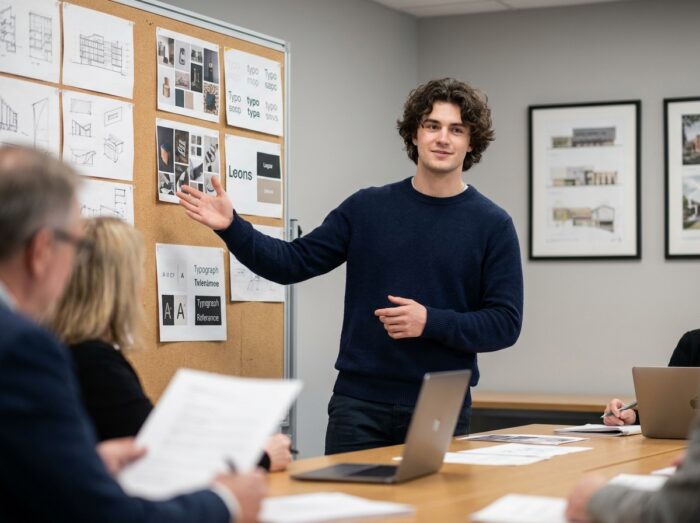 Étudiant en année préparatoire arts appliqués présentant son portfolio lors d'un jury scolaire