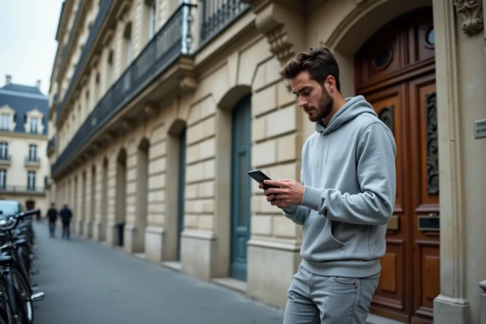 Jeune étudiant devant un immeuble parisien consultant son téléphone lors d'une visite de logement