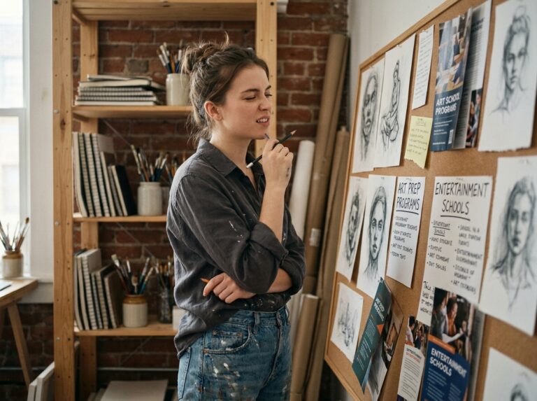 Jeune femme étudiante en art hésitant entre prépa artistique et école d'entertainment devant un tableau de recherches