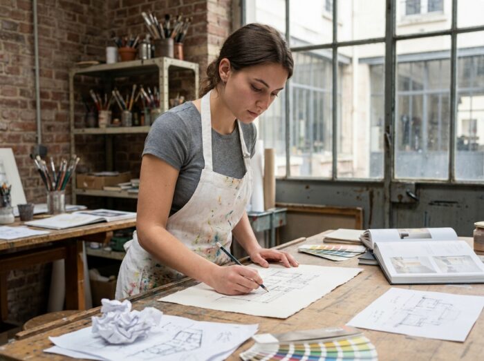Étudiante en arts appliqués travaillant sur un dessin technique dans un atelier d'école d'art française