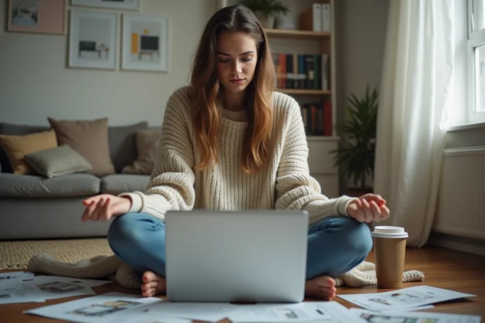 Étudiante cherchant un logement étudiant sur ordinateur portable entourée d'annonces immobilières imprimées