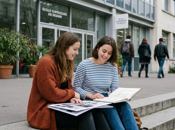 Deux étudiantes en arts appliqués révisant leur portfolio devant leur école de design à Paris