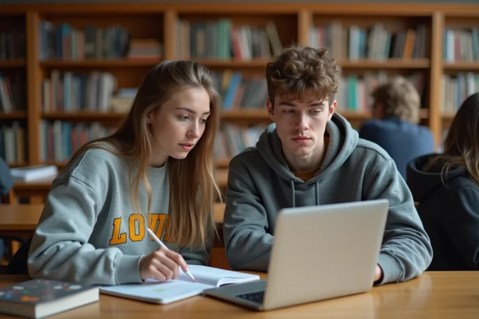 Deux étudiants consultant des avis sur une plateforme de location étudiante dans une bibliothèque universitaire