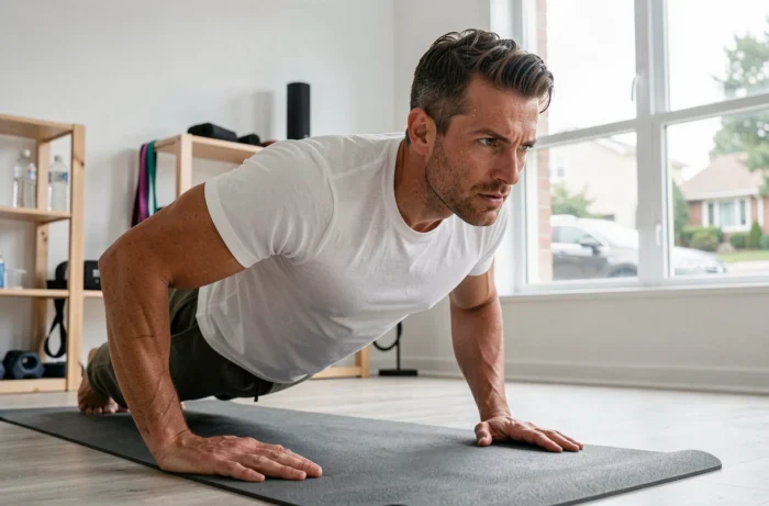 Homme réalisant des pompes sur tapis de yoga dans une salle de sport à domicile, exercice de renforcement musculaire sans équipement