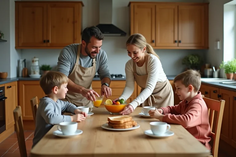 Famille réunie autour d'une table en bois pour un petit-déjeuner dominical dans une cuisine chaleureuse et authentique