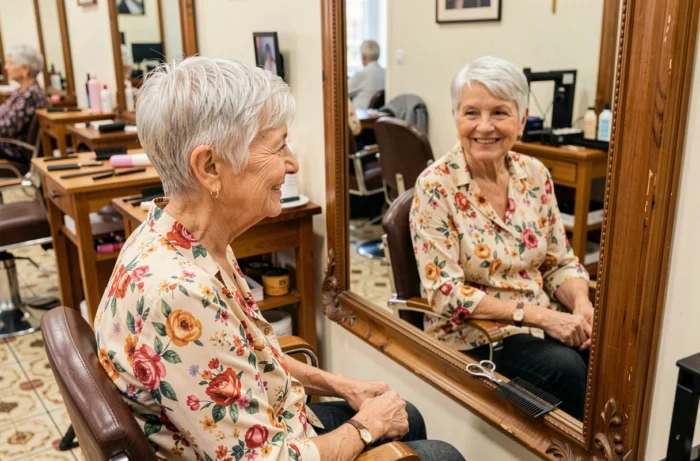 Femme de 90 ans avec une coupe courte en pixie argentée souriante dans un salon de coiffure devant son reflet dans le miroir