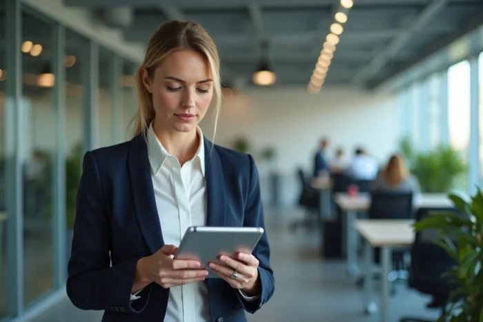 Femme d'affaires professionnelle consultant une tablette dans un bureau moderne en open space, illustrant les services professionnels pour entreprises en 2024
