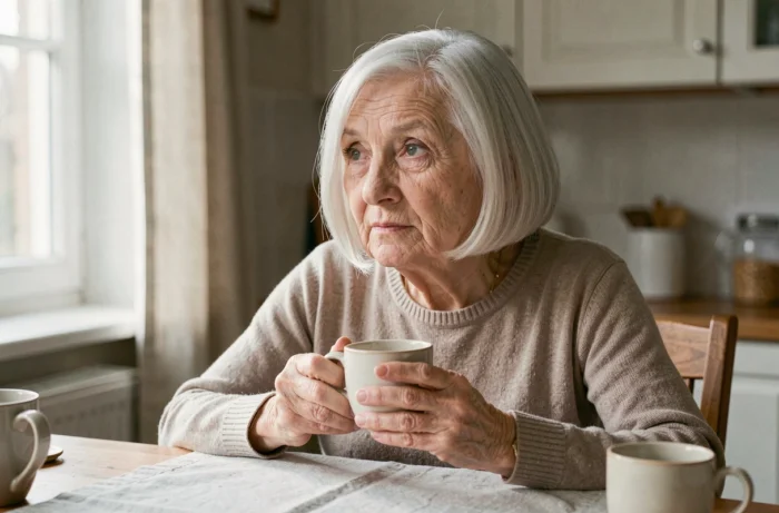 Femme âgée de 90 ans avec un carré court blanc buvant du thé chez elle dans une cuisine aux tons chaleureux et naturels