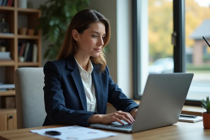 Femme professionnelle comparant des agences immobilières en ligne sur son ordinateur portable dans un bureau à domicile moderne