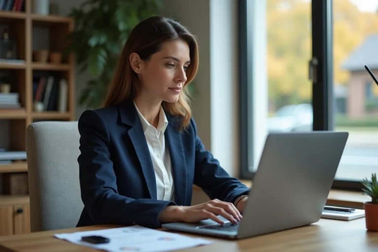 Femme professionnelle comparant des agences immobilières en ligne sur son ordinateur portable dans un bureau à domicile moderne
