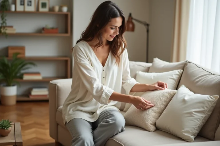 Femme aménageant son salon avec des coussins décoratifs pour améliorer le confort de son intérieur