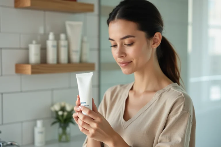 Femme analysant un produit Elsay dans une salle de bain moderne avec des étagères de soins organisées