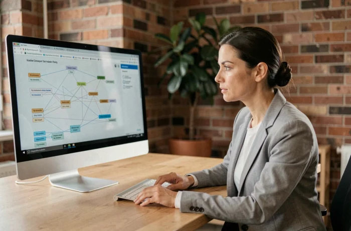 Une développeuse web analyse un diagramme de sitemap structuré sur son écran d'ordinateur dans un bureau moderne