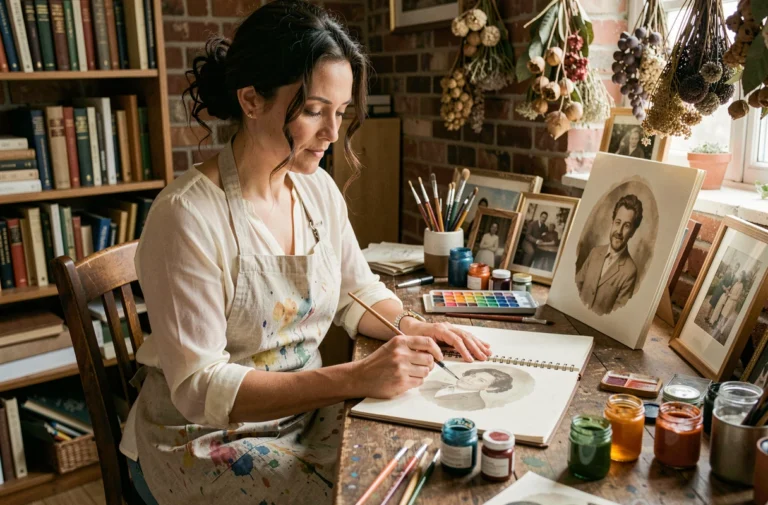 Femme artiste peignant une aquarelle inspirée de photos de famille dans un atelier chaleureux et rustique