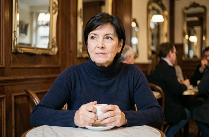 Femme française d'une cinquantaine d'années assise dans un bistro parisien classique, tenant une tasse d'espresso dans une atmosphère intimiste et mélancolique