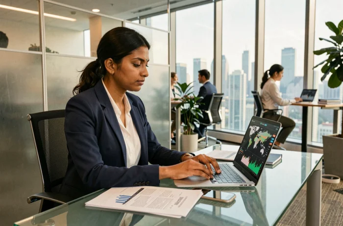 Femme cadre en blazer marine travaillant sur des tableaux de bord économiques numériques dans un bureau moderne avec vue sur la ville
