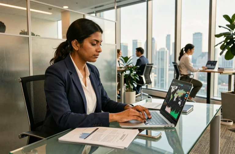 Femme cadre en blazer marine travaillant sur des tableaux de bord économiques numériques dans un bureau moderne avec vue sur la ville