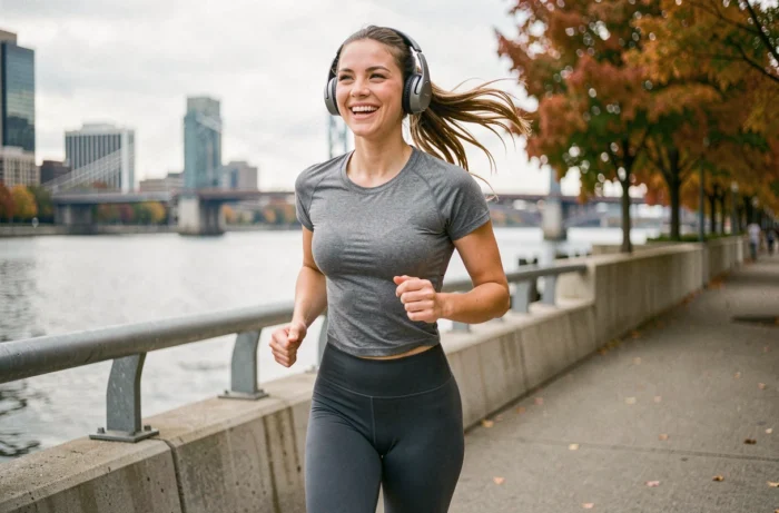 Jeune femme motivée courant en ville avec un casque audio, illustrant l'écoute de musique entraînante pendant le sport