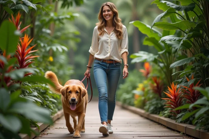 Femme promenant son golden retriever en laisse dans les allées végétalisées d'un parc botanique