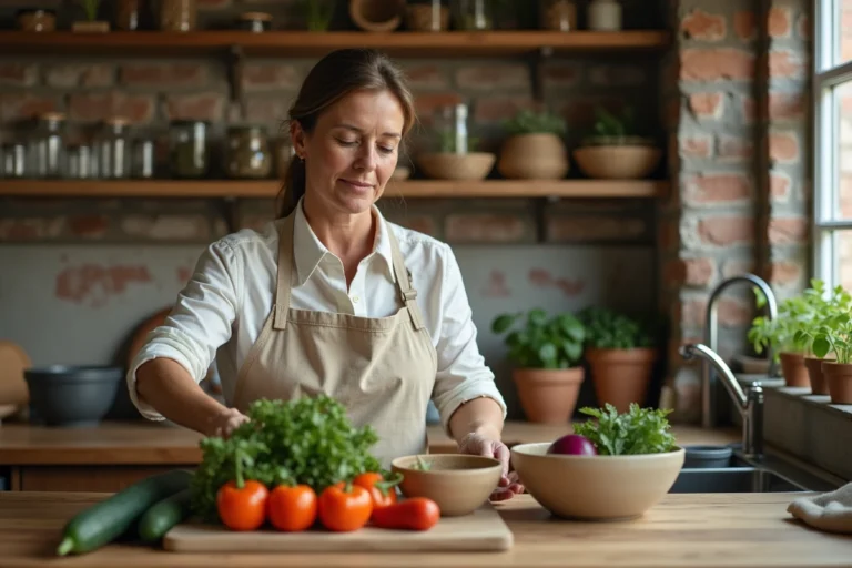 Femme arrangeant des légumes locaux et des céramiques artisanales dans une cuisine rustique pour une consommation responsable